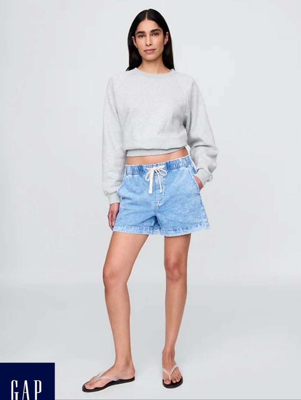Light Wash Drawstring Easy Denim Shorts - Blue